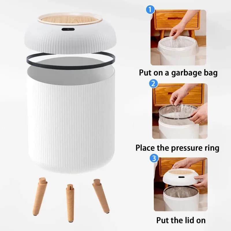 Cestino per Rifiuti Automatico con Sensore da 10L, Bianco, con Piedi Alti e Finitura Effetto Legno, per Casa, Bagno e Cucina