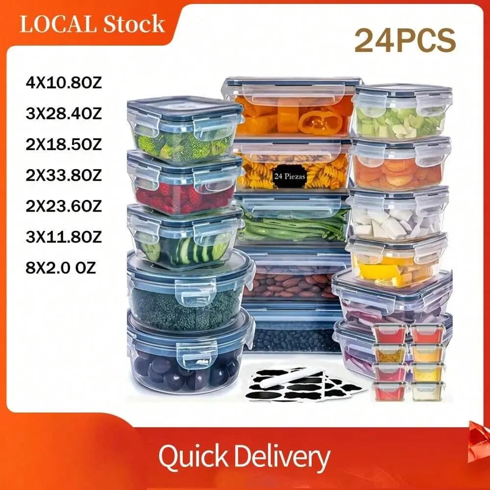 Set di contenitori in plastica per alimenti con 24 contenitori e 24 coperchi per l'organizzazione della dispensa e la preparazione dei pasti