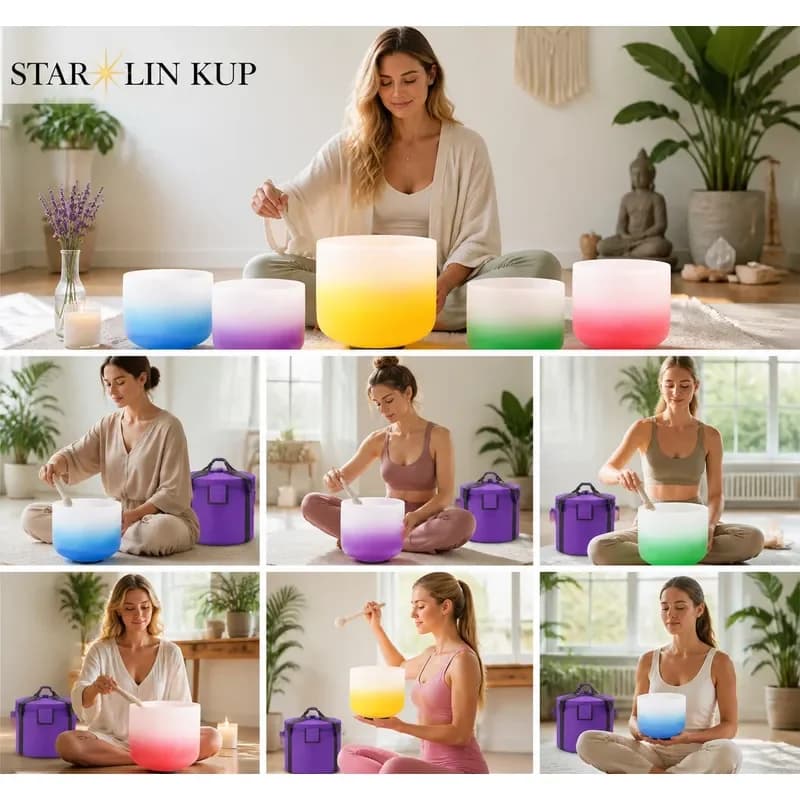 STAR LIN KUP 7Pcs Frosted Quartz Crystal Singing Bowls Set 6-12 Inch Various Colors Chakra Sound Healing Meditation Yoga with