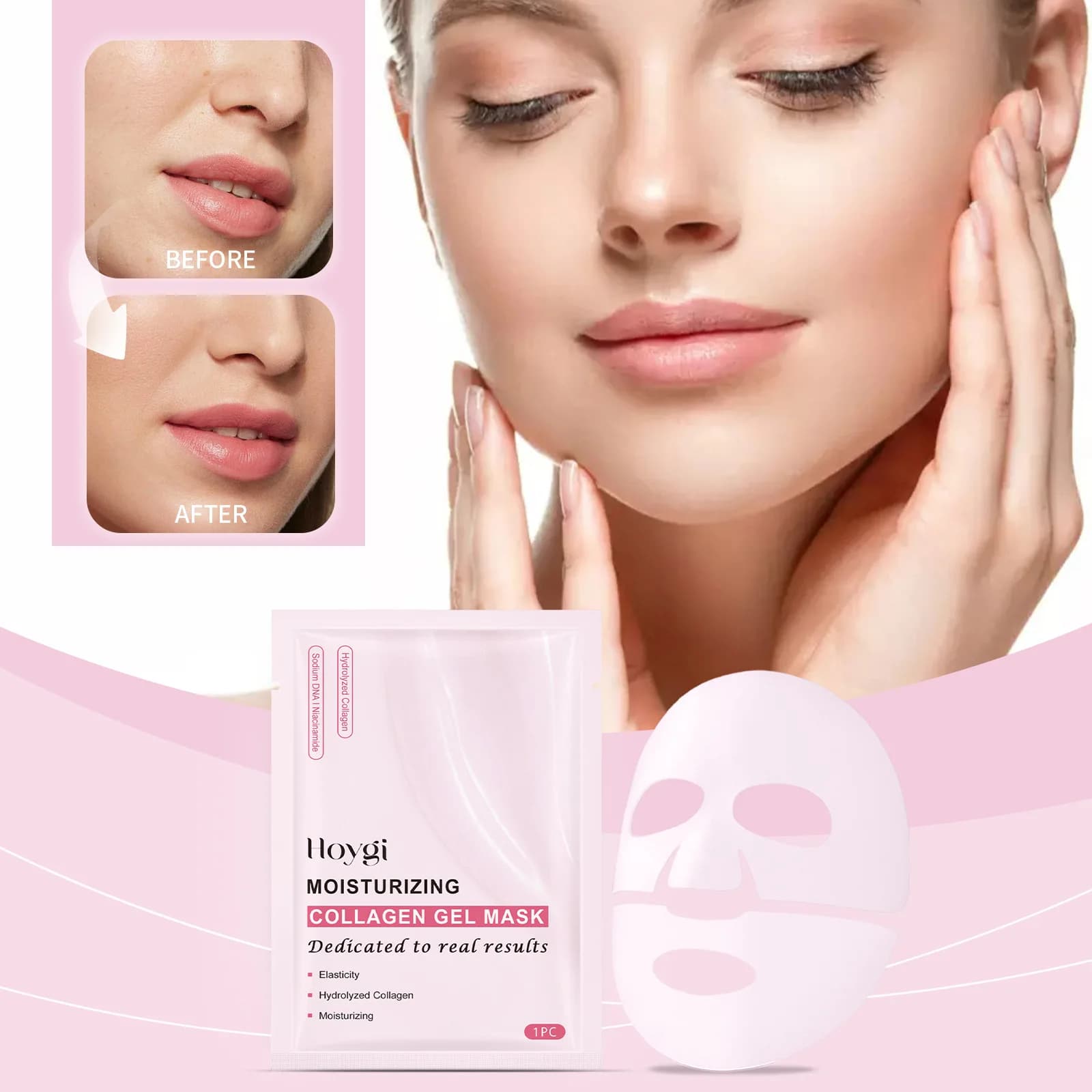 Mask Faced in Pink Collagen Gel with PDRN of Salmon, Night Deep Hydration, Hydrogel Mask to Balance Skin Tone