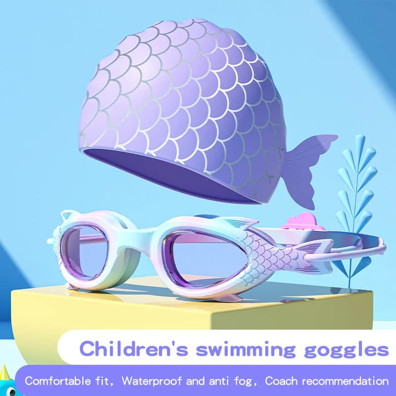 Kids swimwear with silicone hood for fish for boys and girls, waterproof and anti-fog, clear vision, professional water