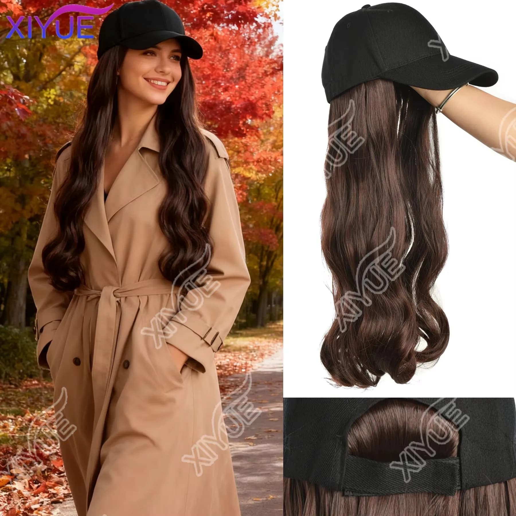 XIYUE Synthetic Wig Baseball Cap Hair Extensions Hat Wigs Black Brown Adjustable Hairpiece for Women