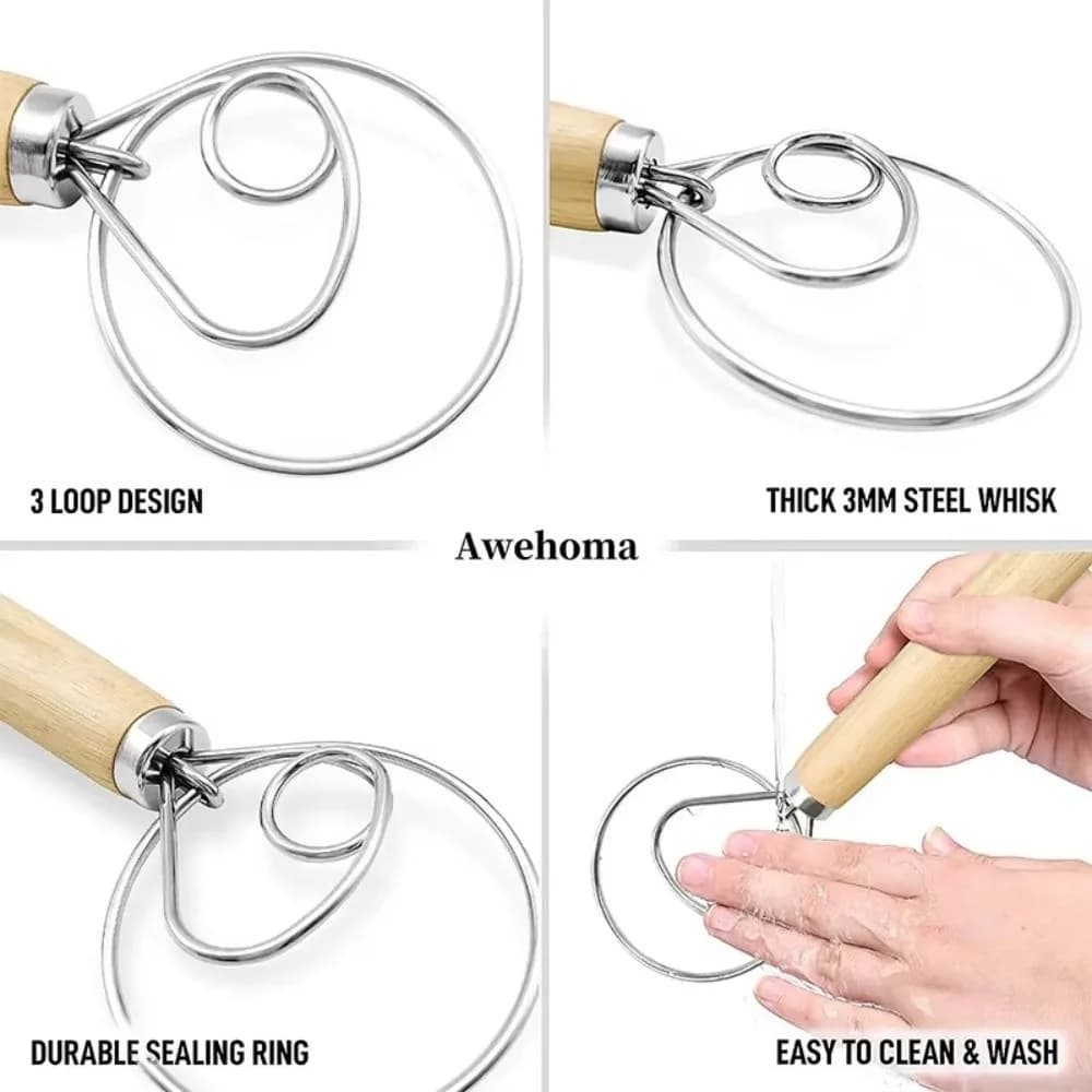 Nuovo Frullatore per Impasto in Acciaio Inox con Design a Spirale e Manico in Legno, Frusta Ergonomica per Impasto del Pane, Mixer da Cucina per Pasticceria