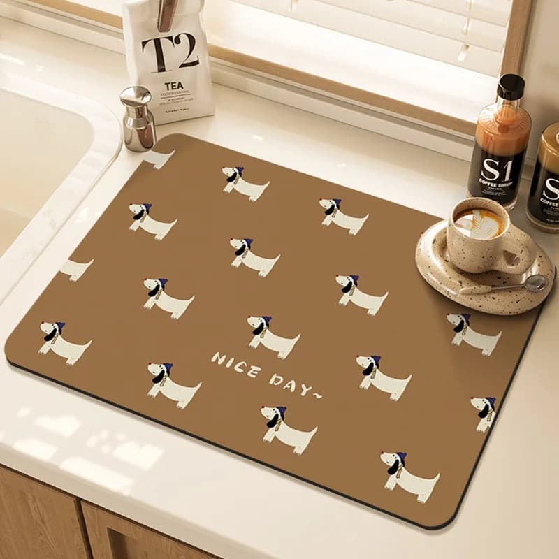 Cartoon Pug Pattern Printed Kitchen Drying Mat Counter Heat-Resistant Dish Pad Absorbent Quick-Dry Placemat Bar Mat