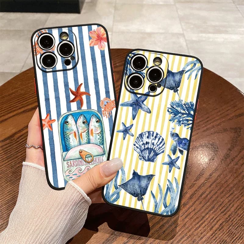 Ocean Life Theme Striped Printed Phone Case for iPhone 17 16 Pro Max 15 14 13 12 11 XS MAX X XR 7 8 14 Plus SE 2020 Soft Covers
