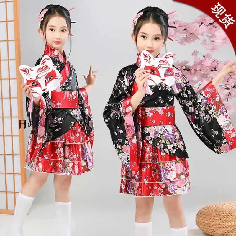 Kimono giapponese Yukata Geisha Abito da sera per bambini Kimono tradizionale vintage con accappatoio per costume cosplay per ragazze Obi