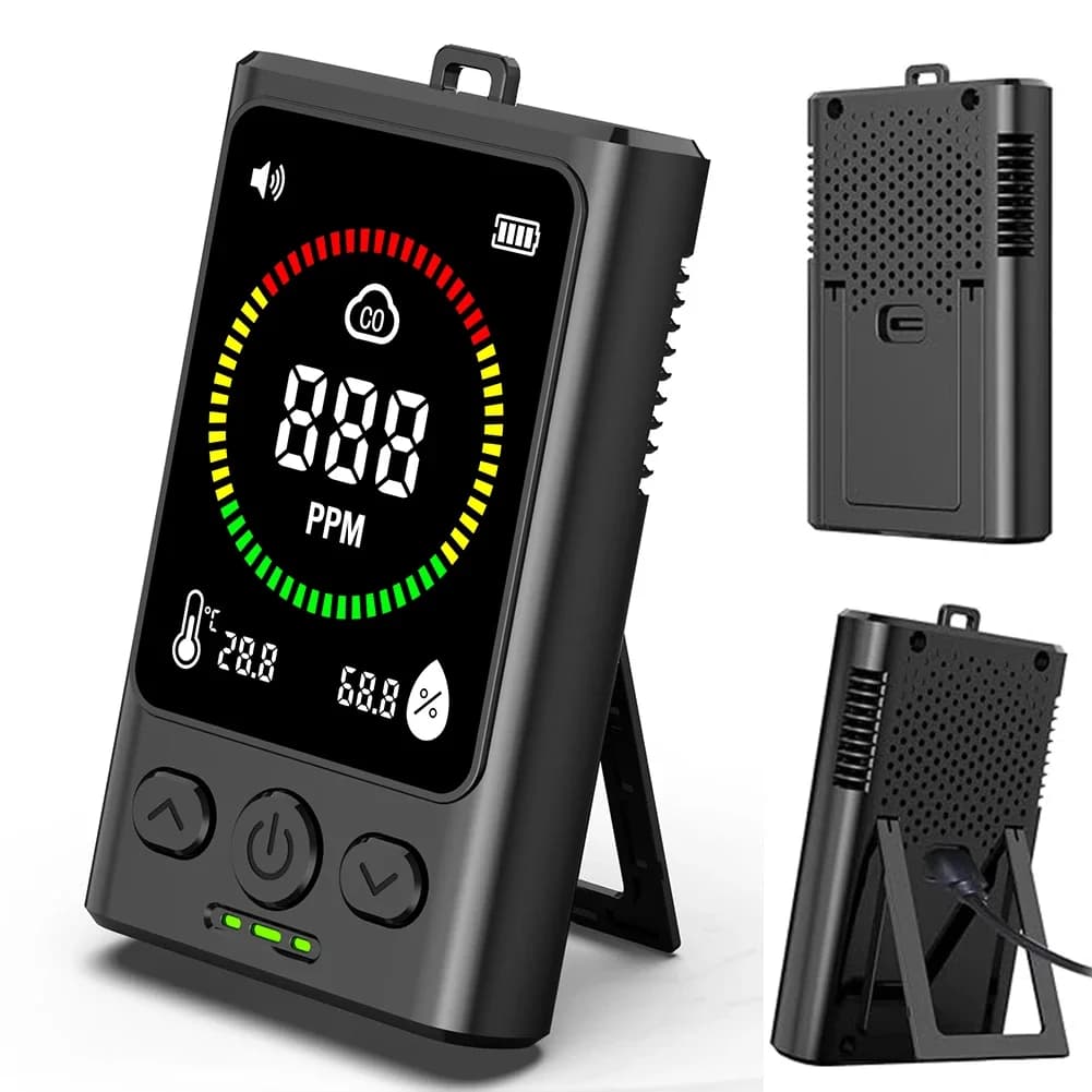 Rilevatore di monossido di carbonio portatile 3 in 1 Monitor di umidità della temperatura Indicatori di scarico Rilevatore di allarme CO per viaggi in auto Campeggio RV Casa