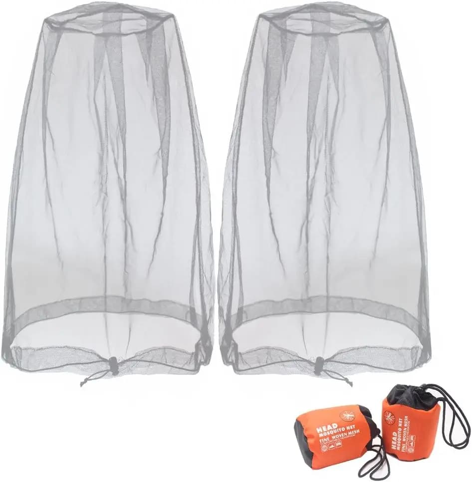 Mosquito Head Net Mesh, Face Fly Netting Hood for Bugs Gnats Noseeums, with Carry Bags Fits Hats Caps, 2pcs Grey