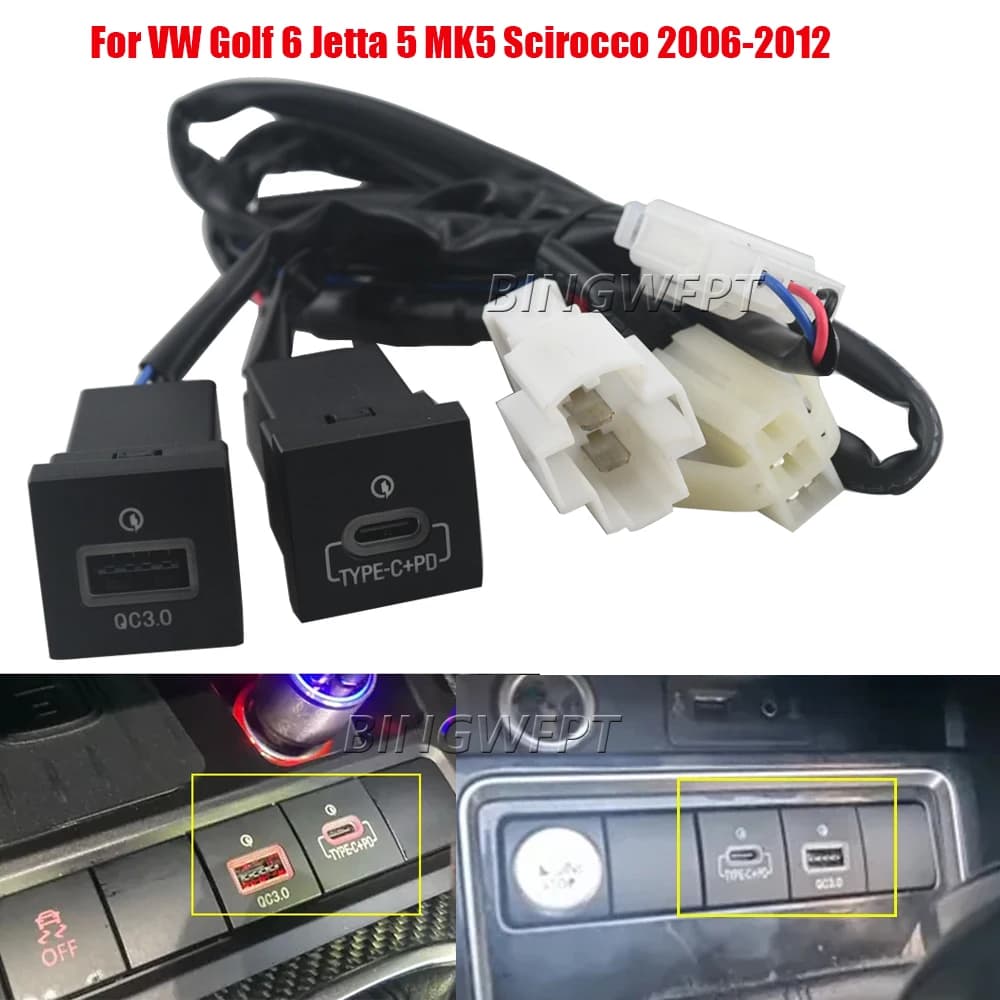 Adattatore di ricarica rapida per auto con caricatore QC3.0 e presa USB PD con interruttore per VW Golf 6 Jetta 5 MK5 Scirocco 06-12