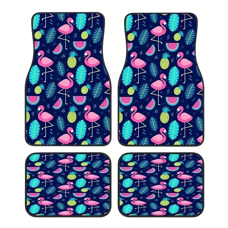 4pcs Flamingo Car Floor Mats - Non-Slip, Easy To Clean, Durable Polyester, Vibrant Pink & Blue Design With Tropical Foliage, Per