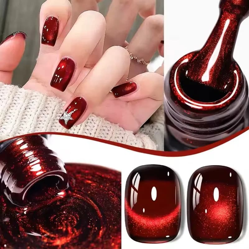 Smalto Semipermanente Magnetico Effetto Vino Rosso 10ml con Glitter, Gel UV LED Soak Off per Manicure Fai da Te e Forniture Unghie