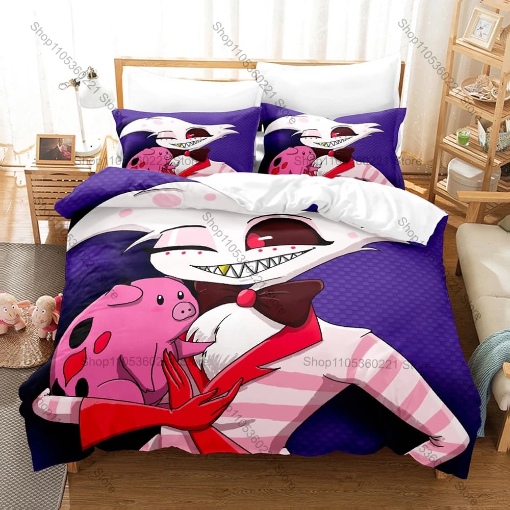 Cool New Angel Dust Fat Nugget Pink Spider Demon Pet Pig Dark Cartoon Print Duvet Cover + 2 Pillowcases Grunge Pink Black Microf