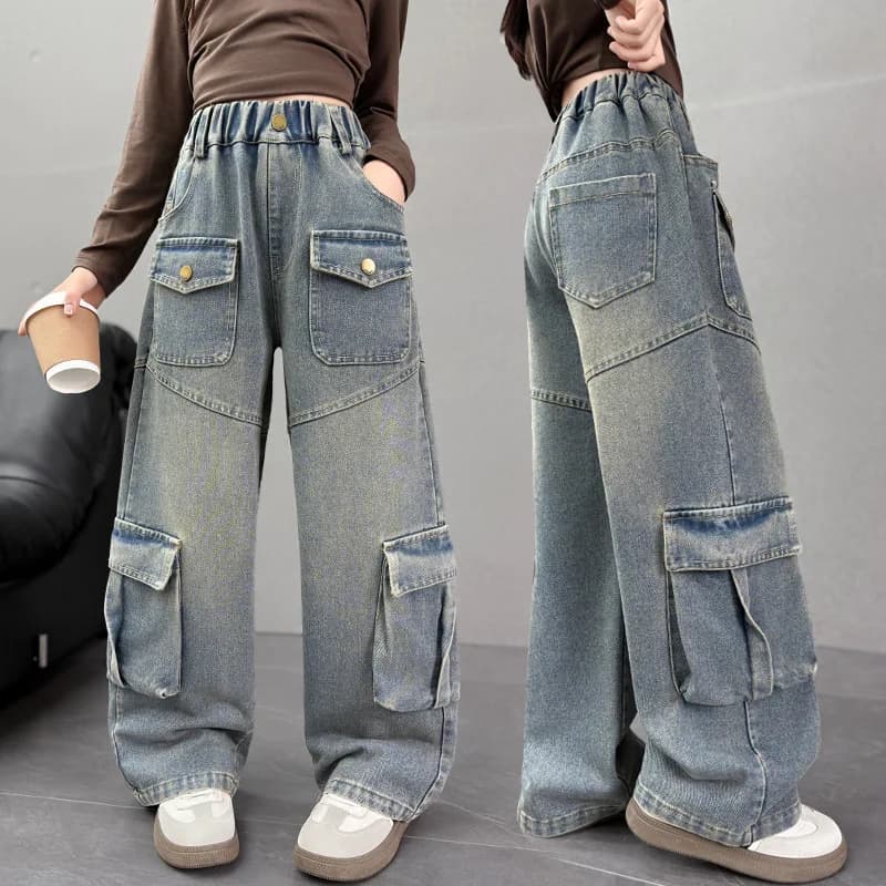 Jeans Cargo a Gamba Larga per Ragazze Adolescenti, Pantaloni Larghi e Dritti per Bambini, Moda Autunnale, Pantaloni Casual in Denim per Bambini