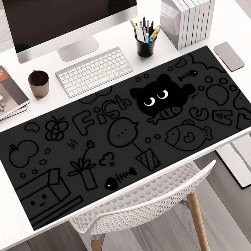 Tappetino per Mouse da Gaming Grande con Gatto Nero, Base Antiscivolo in Gomma, Bordi Cuciti, per PC e Tablet, Decorazione per Ufficio