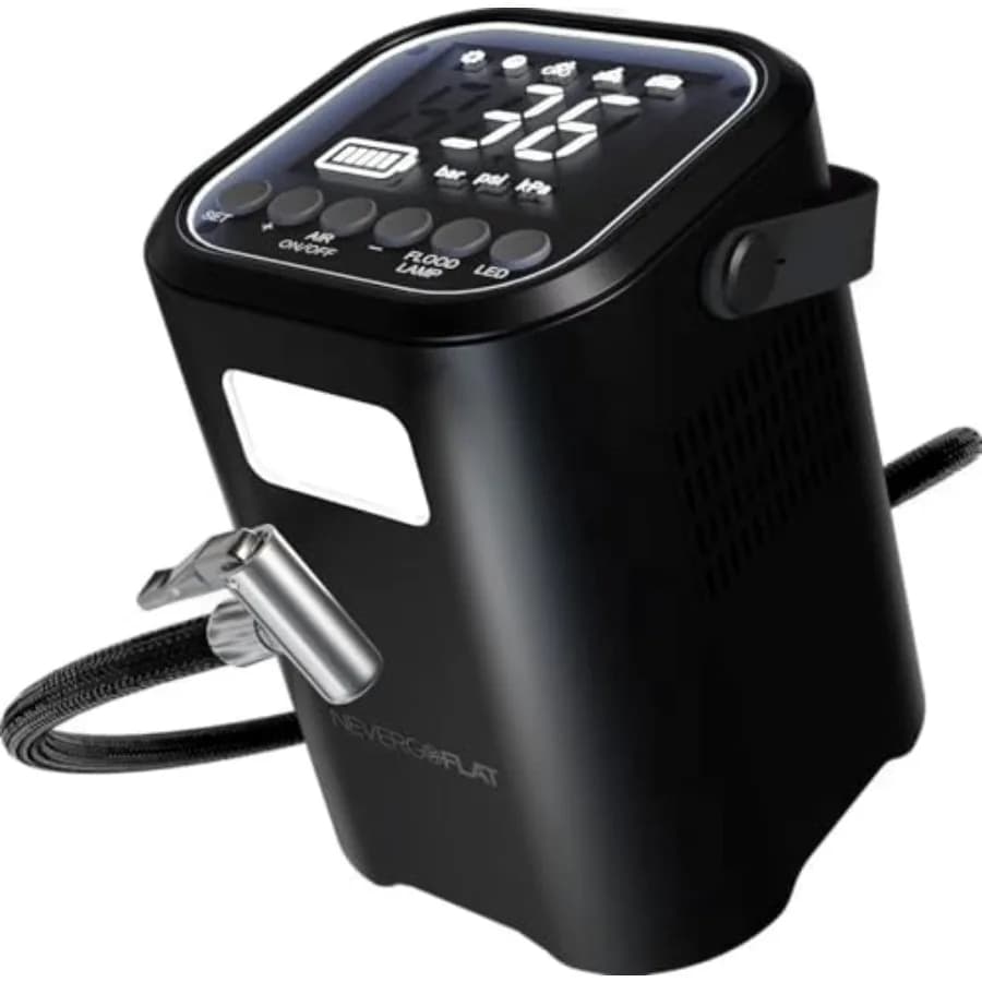 Air Compressor 150 PSI with Emergency Lighting and Power Bank 4000mAh for Auto Pneumatics, All-in-One Black Portable for Emergency