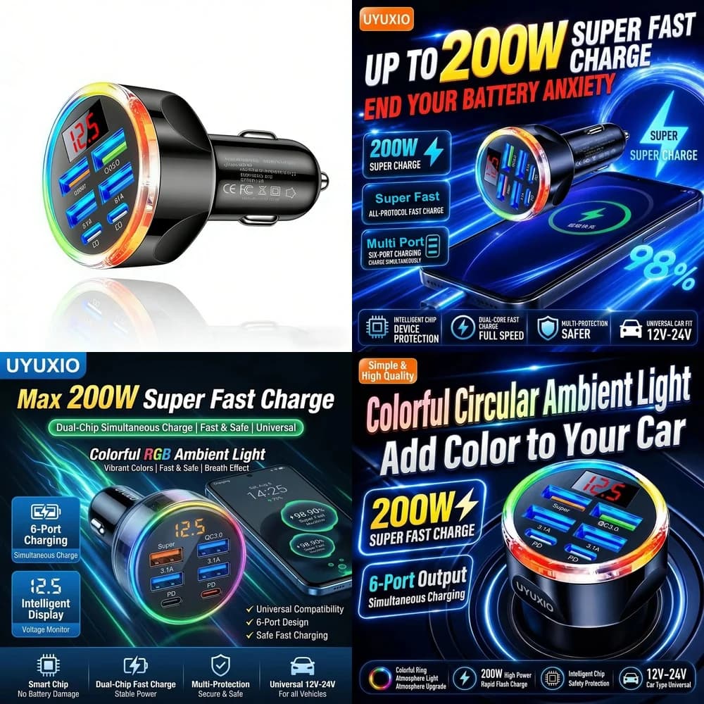 Multi Port USB C Fast Car Charger Trending for iPhone 18 17 16 Samsung S26 S25 S24 with RGB Light Real Time Digital Voltage Hub