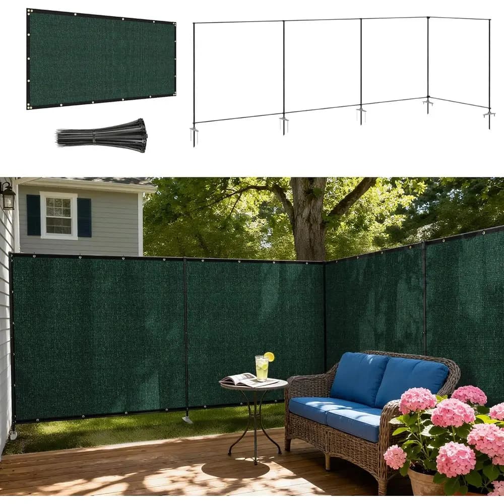 6'x31' Freestanding Privacy Screen Set with Iron Poles, Ground Spikes, UV Mesh for Garden, Patio, Pool - Green