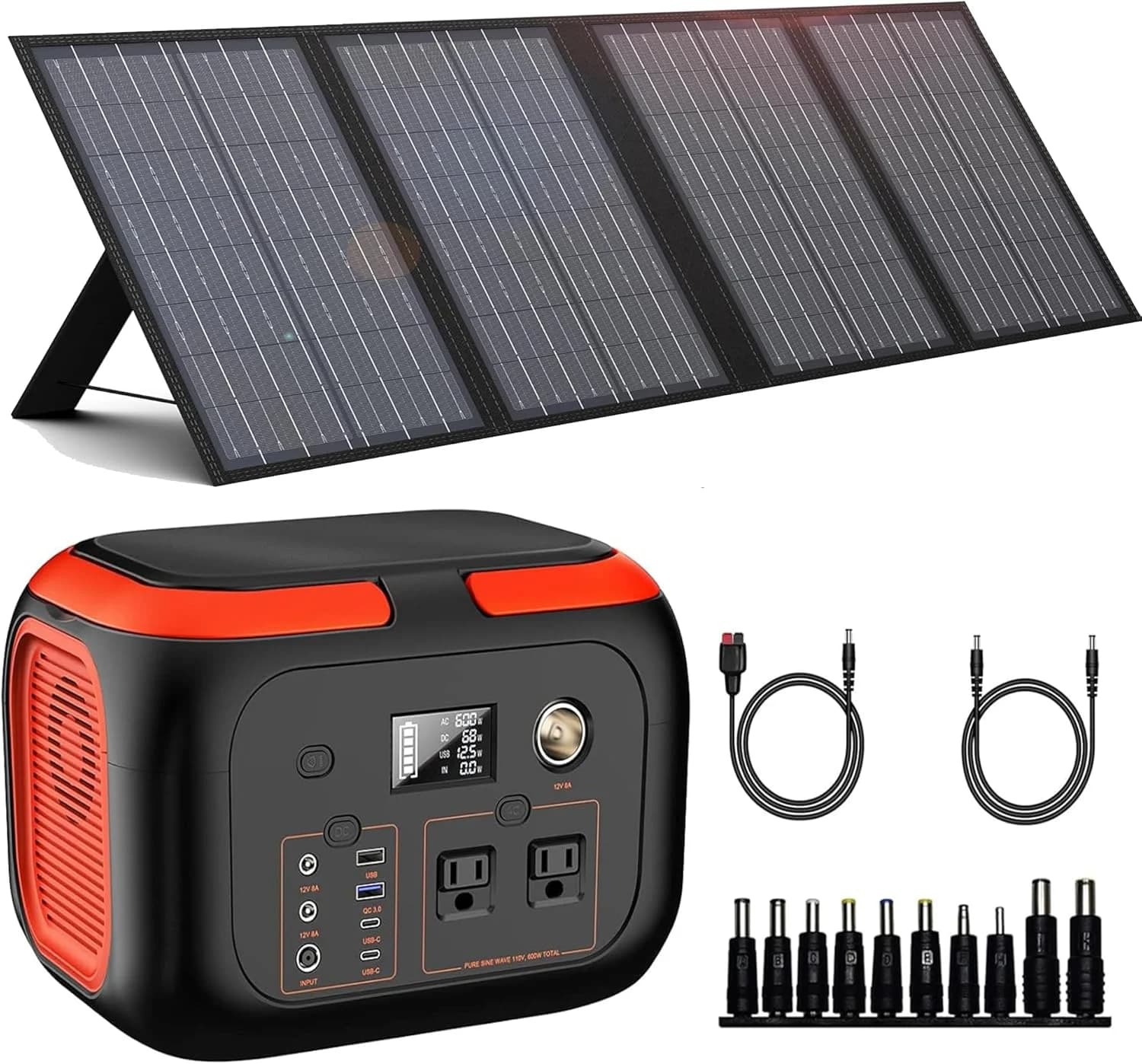 Stazione di Energia Solare Portatile 600W con Pannello 60W, Batteria 296Wh, AC/DC/USB-C/QC3.0 per Campeggio, Viaggi ed Emergenze