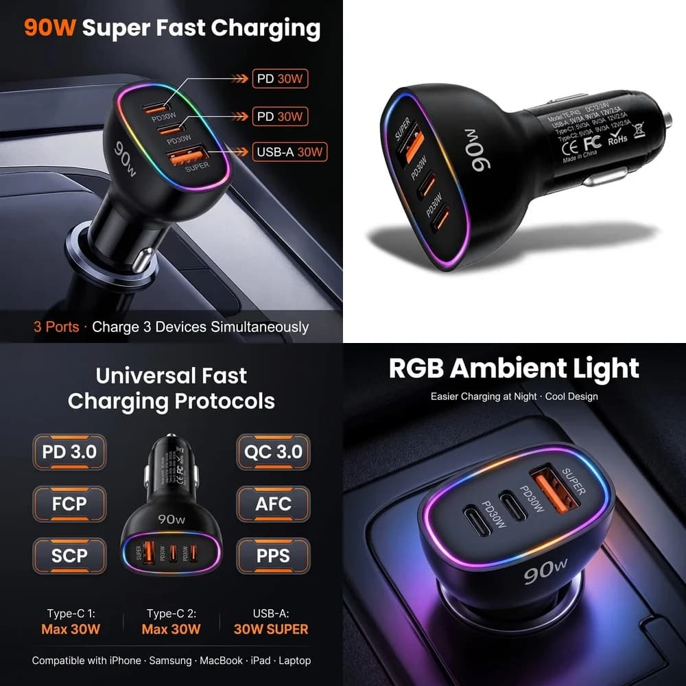 Multi Port 90W Car Charger Super Fast Charging Dual PD 30W Type C USB A 3 in 1 Adapter for Laptop MacBook PPS QC3.0 RGB LED Car