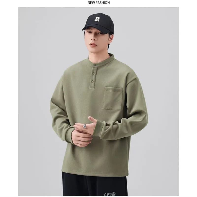 Men's Autumn Warm Sweatshirt with Pocket Stand-up Collar Long-sleeved T-shirt Trendy Top Jacket