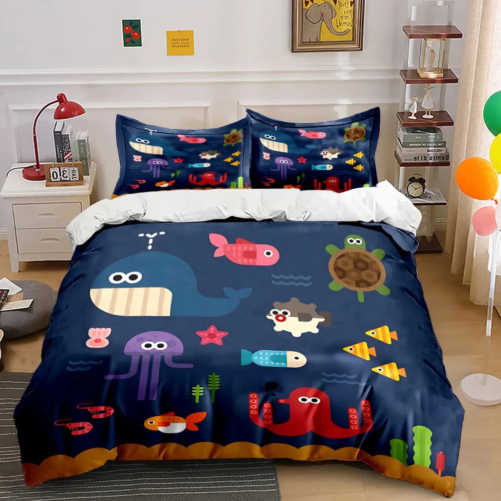 Set di biancheria da letto con stampa di animali marini in stile cartone animato, morbido e confortevole, include 1 copripiumino e 2 federe.