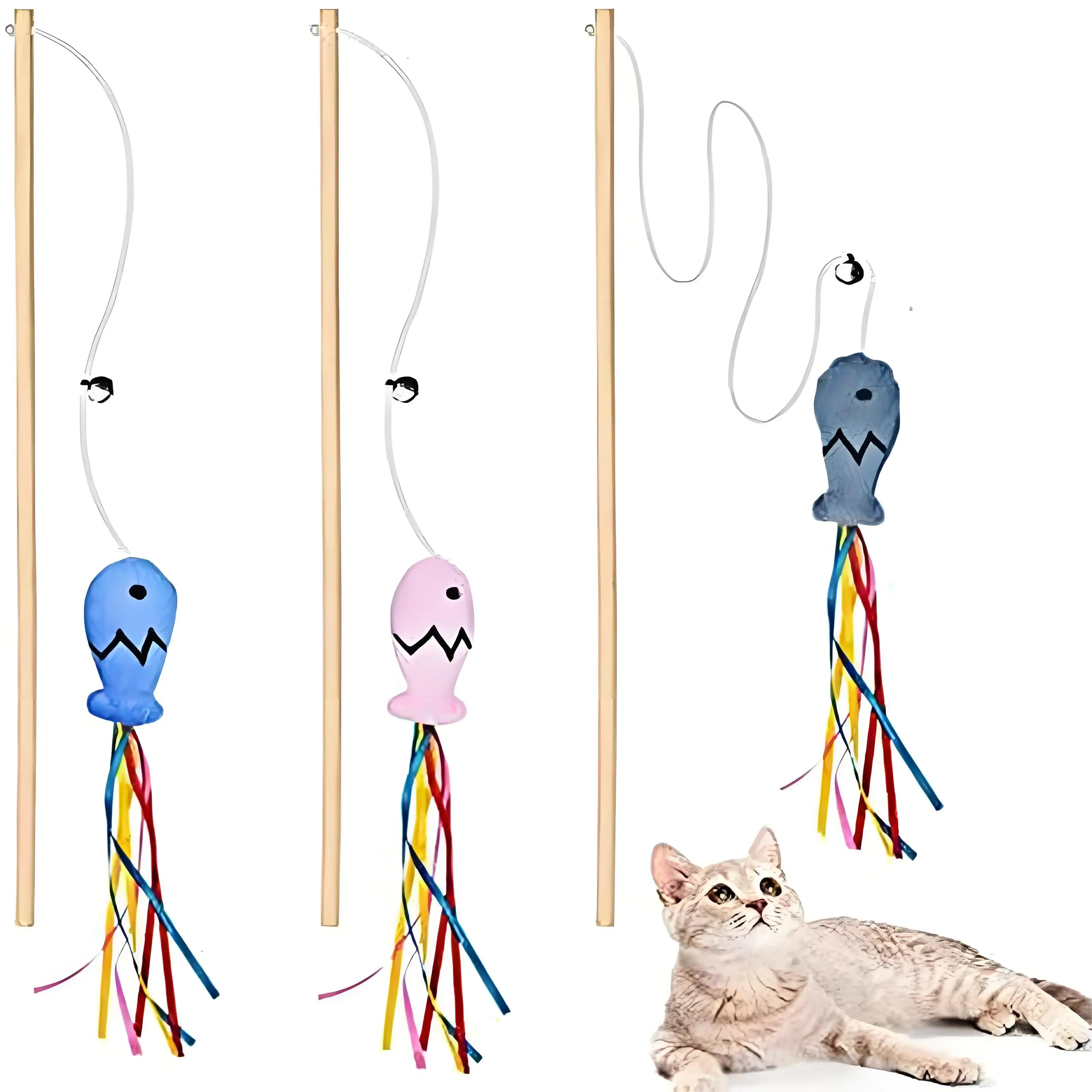 Giocattolo per Gatti alla Moda, Bacchetta in Legno Naturale con Corda Elastica Interattiva per Gatti da Interno