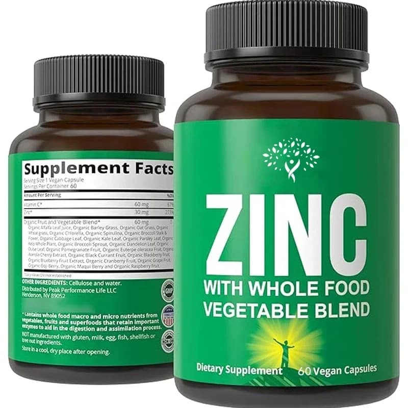 60 capsules a vegetarian zinc supplement containing vitamin C and a whole food mix of 25 vegetables and fruit