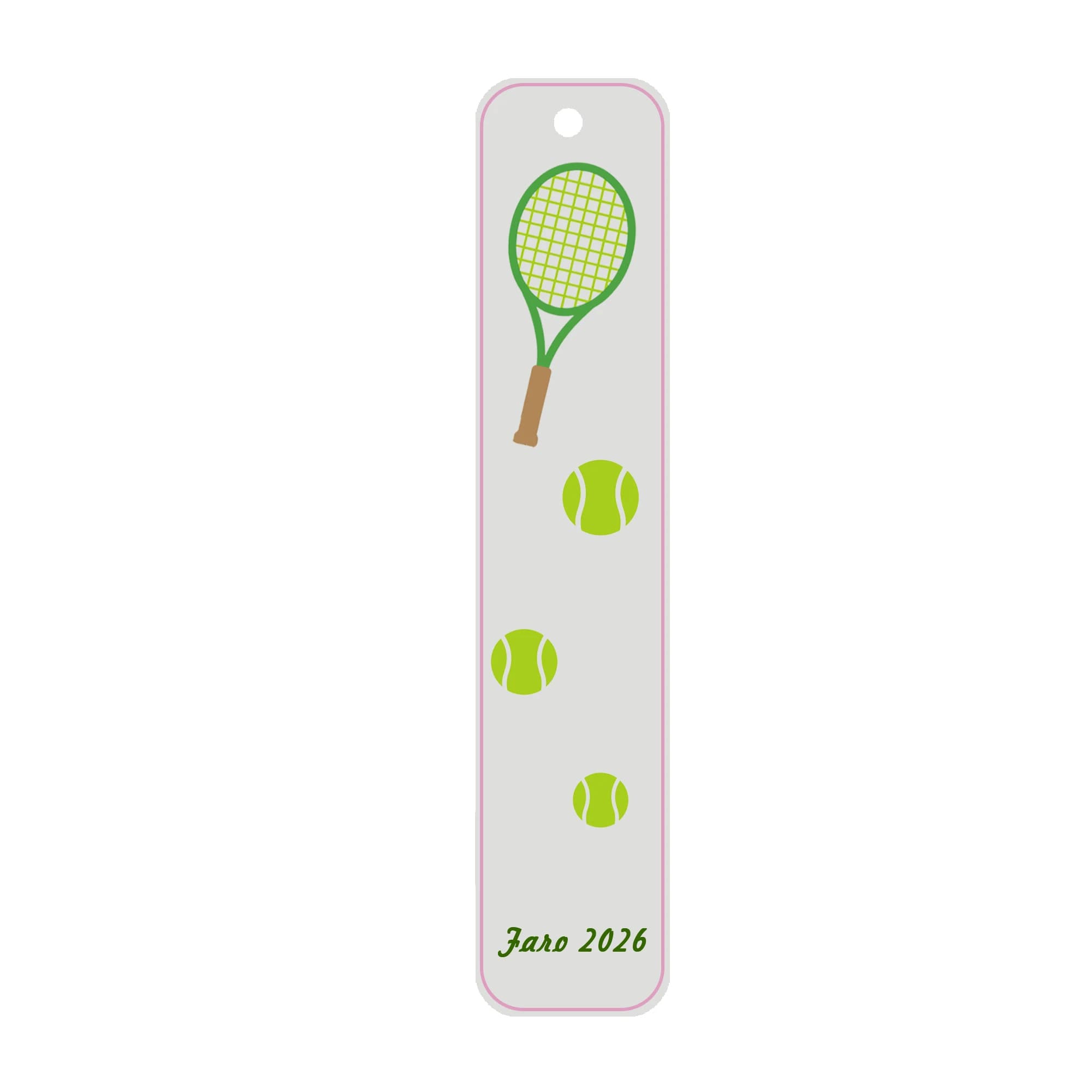 Metal bookmark in the shape of tennis racket and ball, sports bookmark with "Faro 2026" print, perfect gift for tennis lovers and passionate readers.
