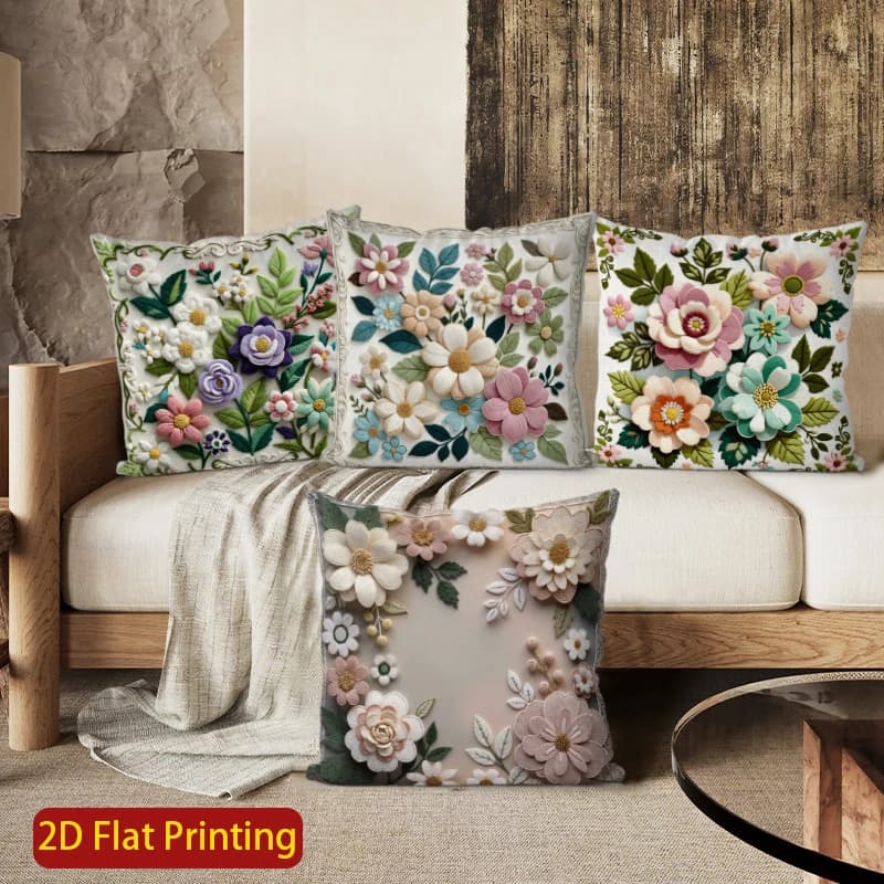 Set of 4 vintage pillow covers with 2D floral pattern, suitable for sofa, bedroom, car.