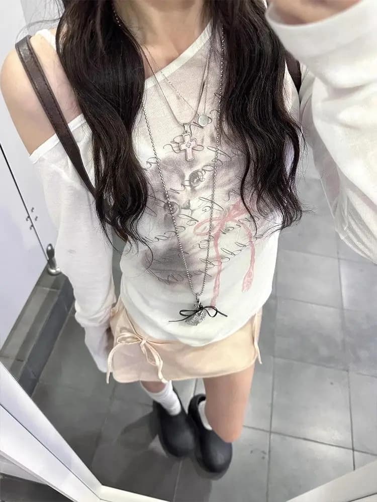 Korean Style Spicy Girl Print See-through One-Shoulder Sun Protection Cover up T-shirt Women's Summer New Pure Desire Sunscre...