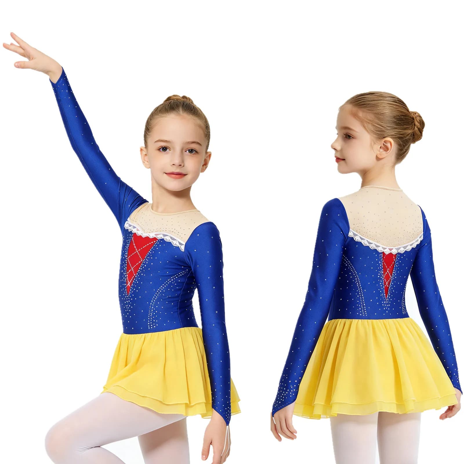 Vestito da ballo per ragazze 6-16 anni, abito da principessa per pattinaggio artistico, balletto, ginnastica, acrobatica, body con strass lucidi e inserti in rete
