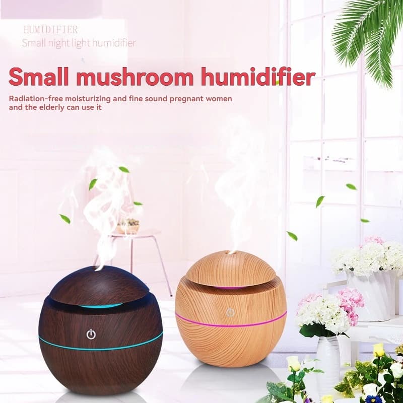 Umidificatore a fungo leggero colorato con piccola sfera rotonda USB, mini diffusore di aromi cavo circolare con venature del legno