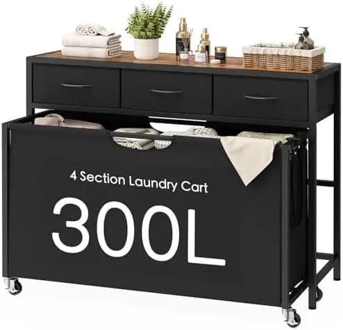 Laundry Sorter, Rolling Laundry Hamper with 4 Section Pull-Out Bags, 300L Large Laundry Basket Organizer with 3 Ders