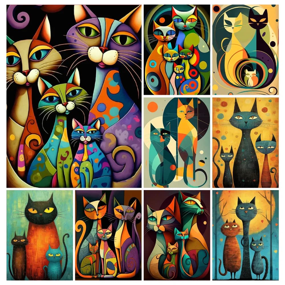 Abstract Cat 5D DIY Diamond Painting Full Round Diamond Cartoon Animal Mosaic Embroidery Cross Stitch Set Art Home Decoration