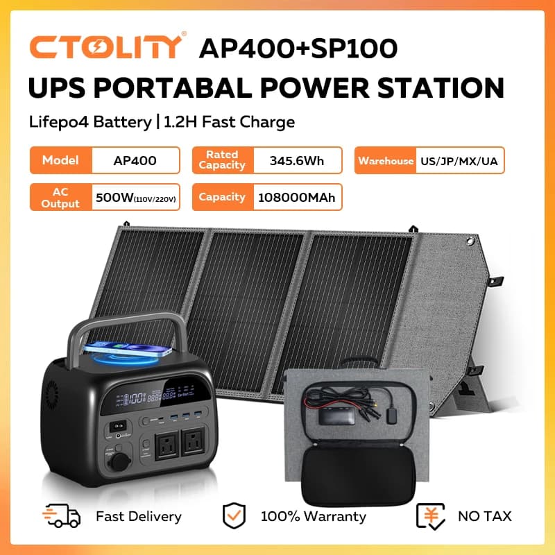 CTOLITY AP400 Centrale elettrica portatile da 500 W con pannello solare da 100 W Generatore solare da 345,6 Wh Batteria LiFePo4 Batteria UPS Batteria di backup RV