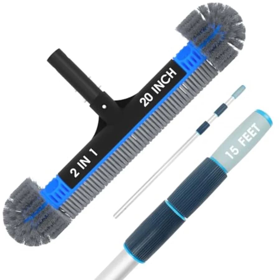 Spazzola rotonda per piscina 2-in-1 da 20'' per impieghi gravosi con asta telescopica da 15FT per la pulizia della piscina, setole in acciaio inossidabile e nylon, nera