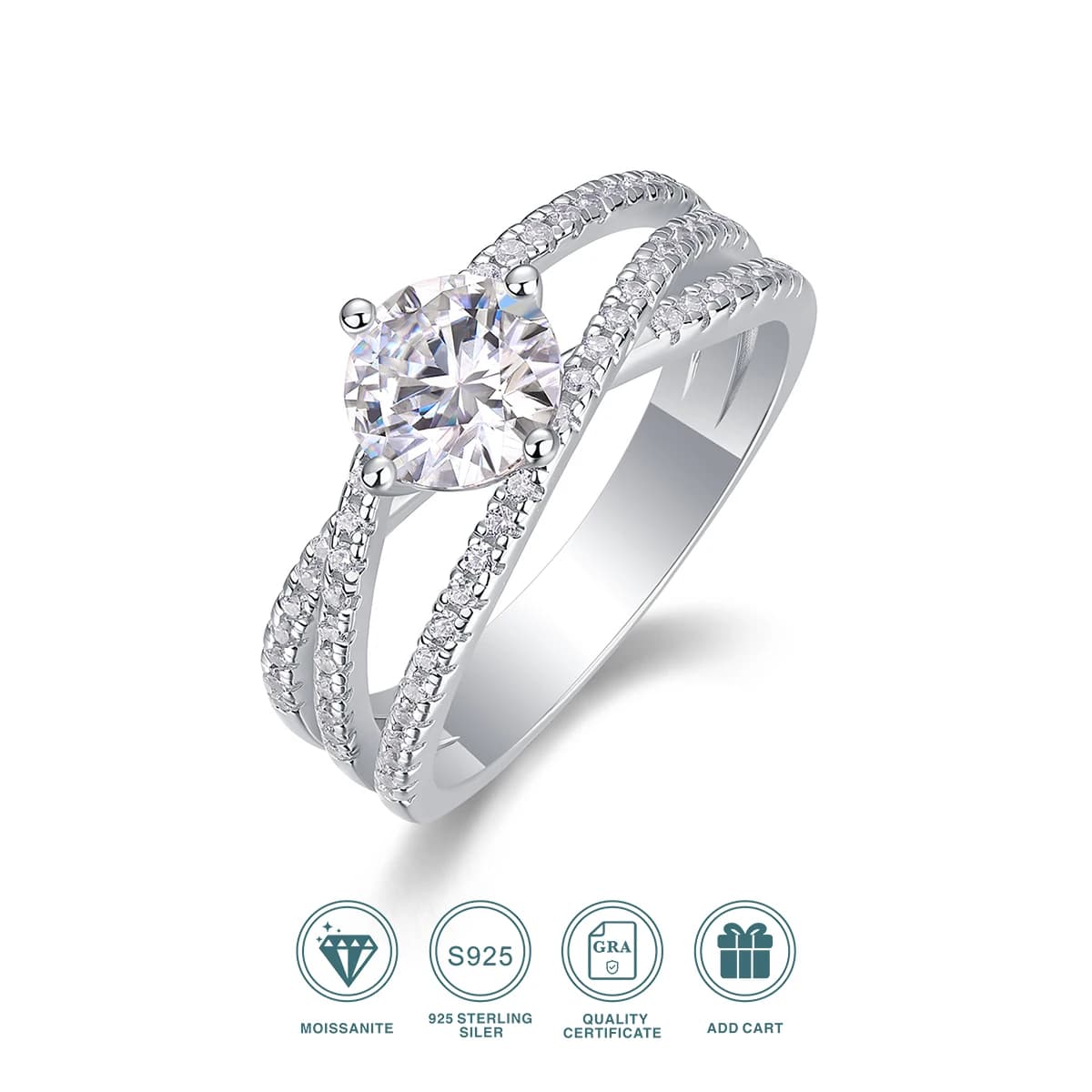 JIUZUAN Bride Ring with 1Ct Moissanite, S925 Silver, 18K White Gold Plated, Braided Band, Perfect for Fidanzamento or Marriage