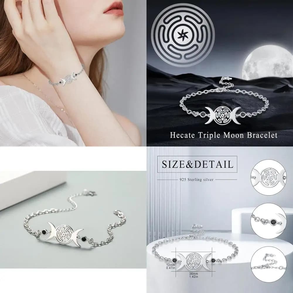 Sterling silver bracelet with triple lunar goddess - Women's jewelry inspired by Greek mythology Hecate, Lilith and Greek mythology