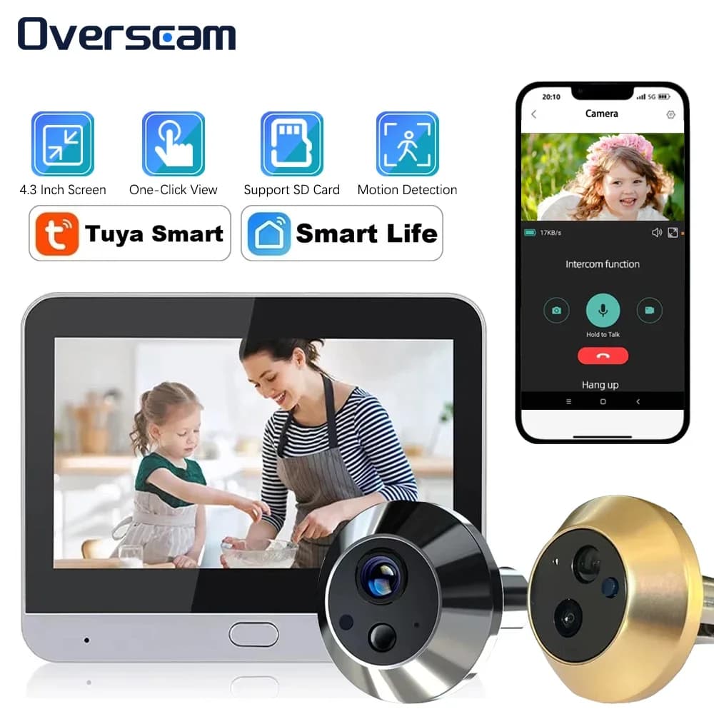 5MP Tuya Smartlife Campanello domestico Cat Eye Camera PIR Rilevazione movimento Wifi Campanello Visione notturna Peepholes Baby monitor da 4,3 pollici