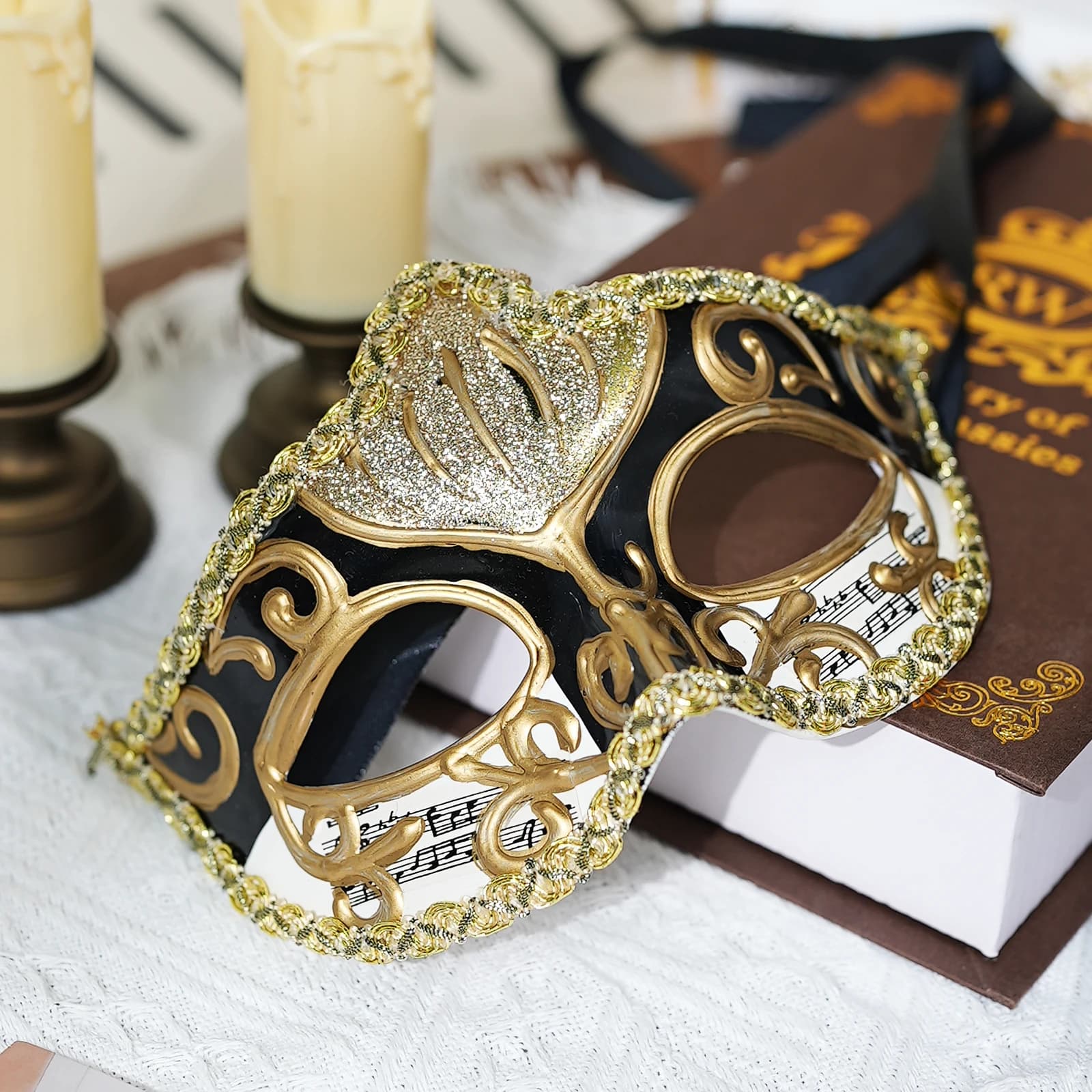 1 Pezzo Maschera Veneziana Tradizionale Italiana Dipinta a Mano, Maschera per Danza Notturna di Carnevale, Maschera Veneziana a Mezzo Volto Stile Nota Musicale, Accessorio per Mascherata Intagliato a Mano