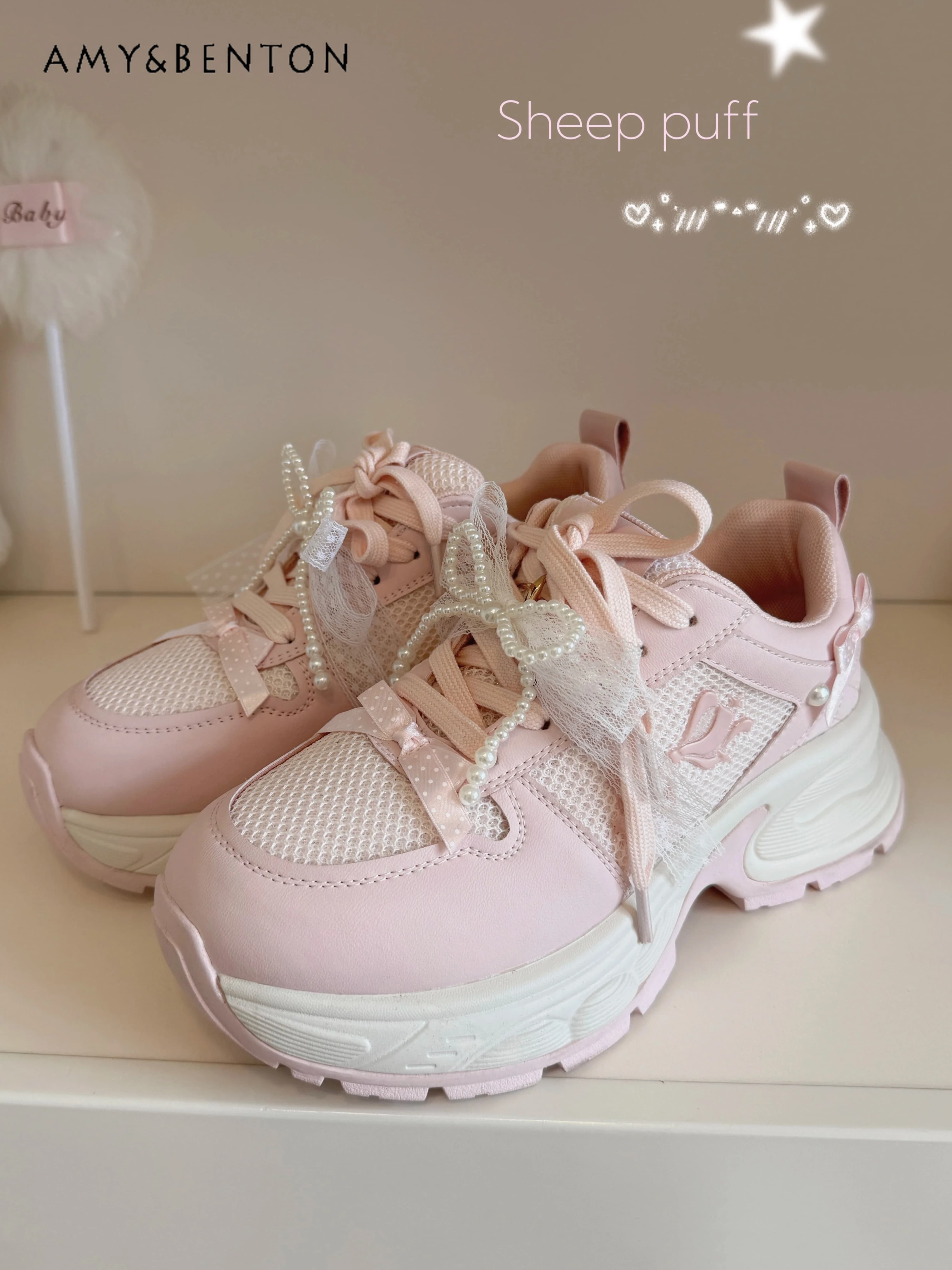 Scarpe da ginnastica Lolita originali Kawaii stile preppy con fiocco di perle dolci e cinturino in pizzo scarpe con plateau traspiranti scarpe da pantaloni versatili casual