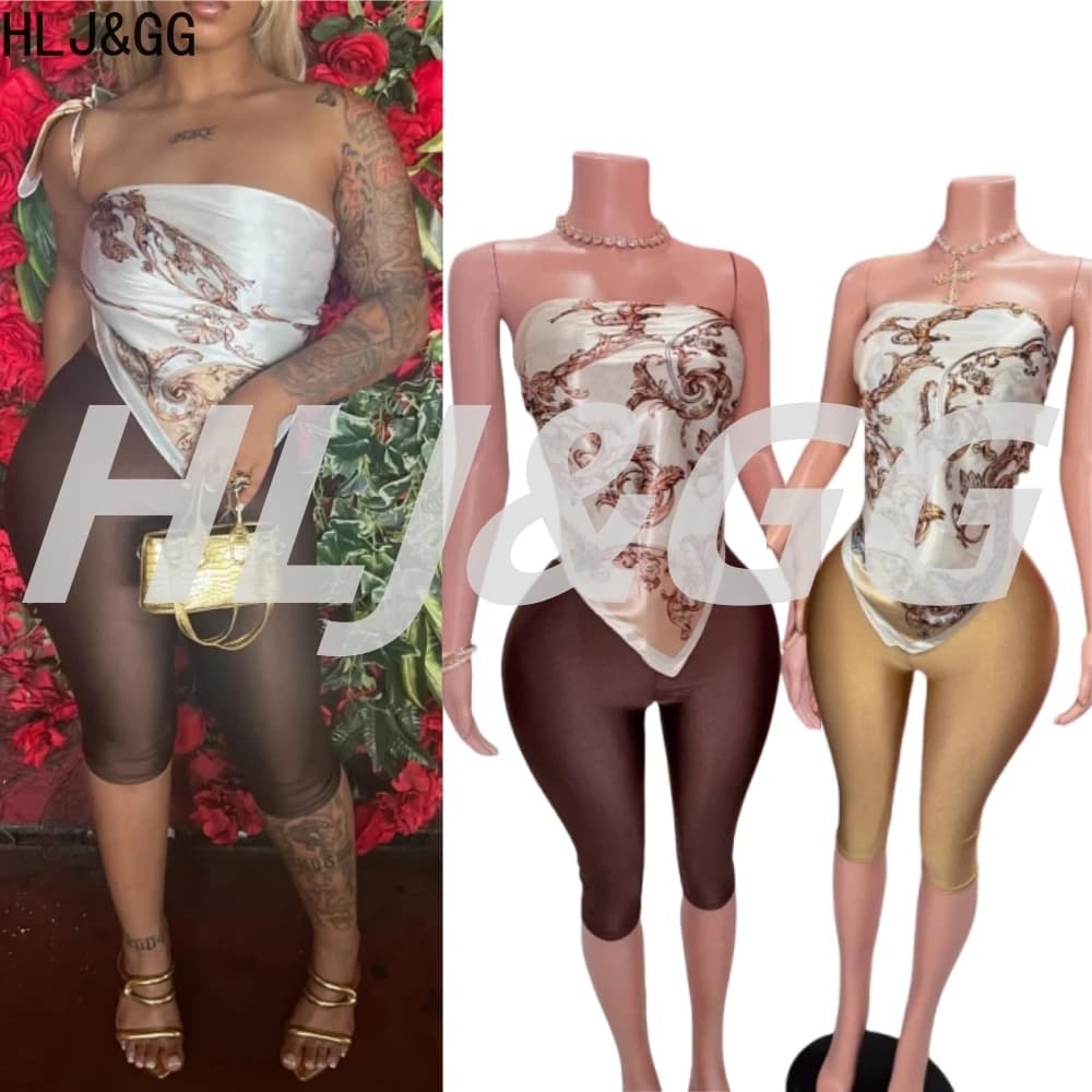 HLJ&GG Vintage Y2K Sexy Print Scarf Two Piece Sets Women Off Shoulder Sleeveless Top And Skinny Pants Outfits Fashion Streetwer