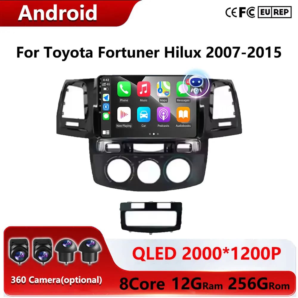 9 "Android 16 Carplay Per Toyota Fortuner Hilux 2007 2008 2012 2014 2015 MT Autoradio Multimedia Video Navigazione GPS Auto BT