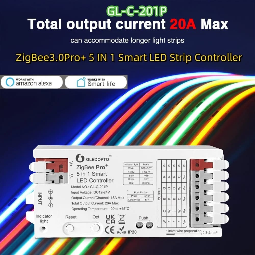 Controller per strisce LED intelligenti 5 in 1 Max 20A ZigBee3.0 Pro+ 12-24V Singolo colore/CCT/RGB/RGBW/RGBCCT Controllo vocale Tuya GL-C-201P
