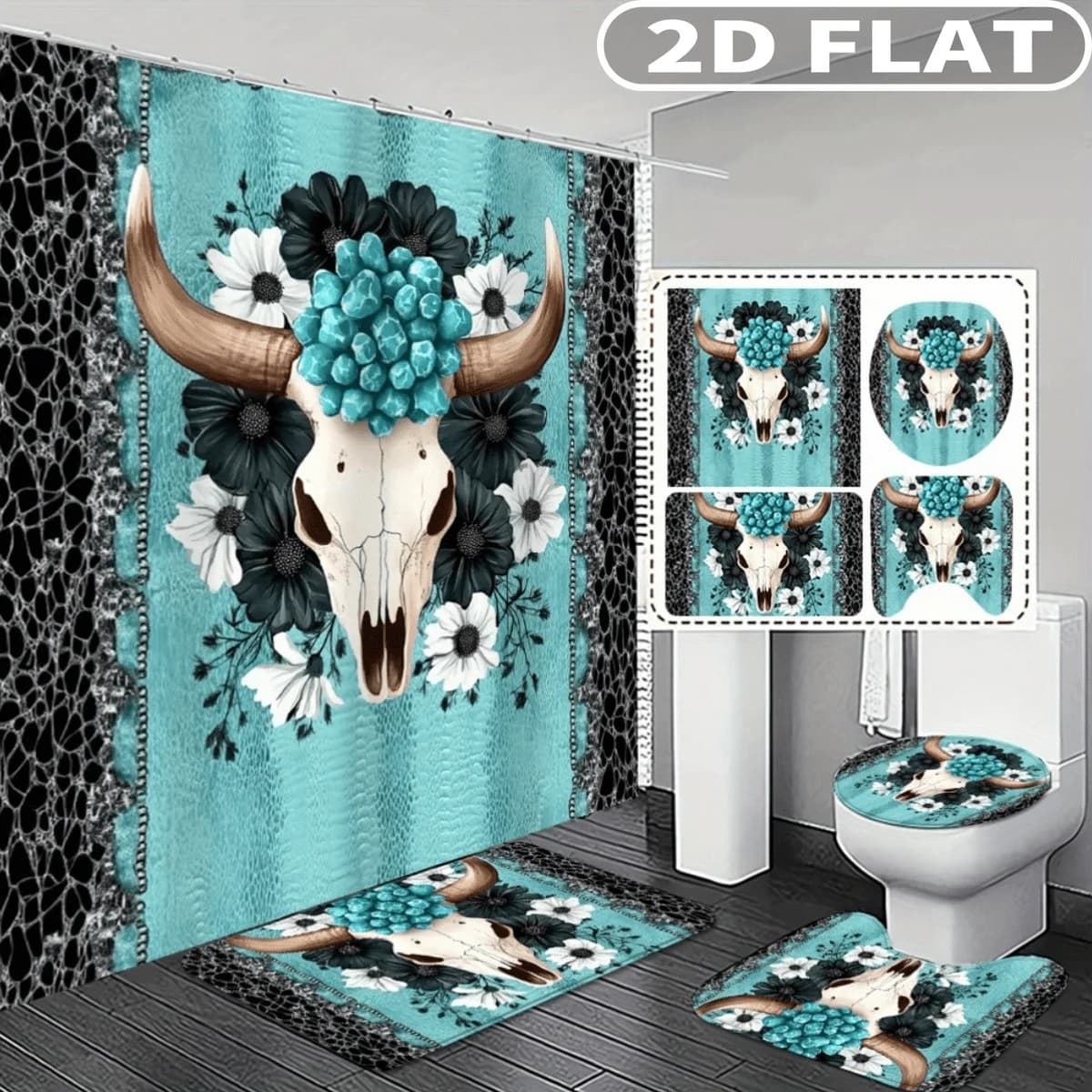 4pcs 2D FLAT Cow Skull Floral Turquoise Pattern Shower Curtain Set, with 3pc Bath Mat and 1pc Curtains Perfect for Home Decor