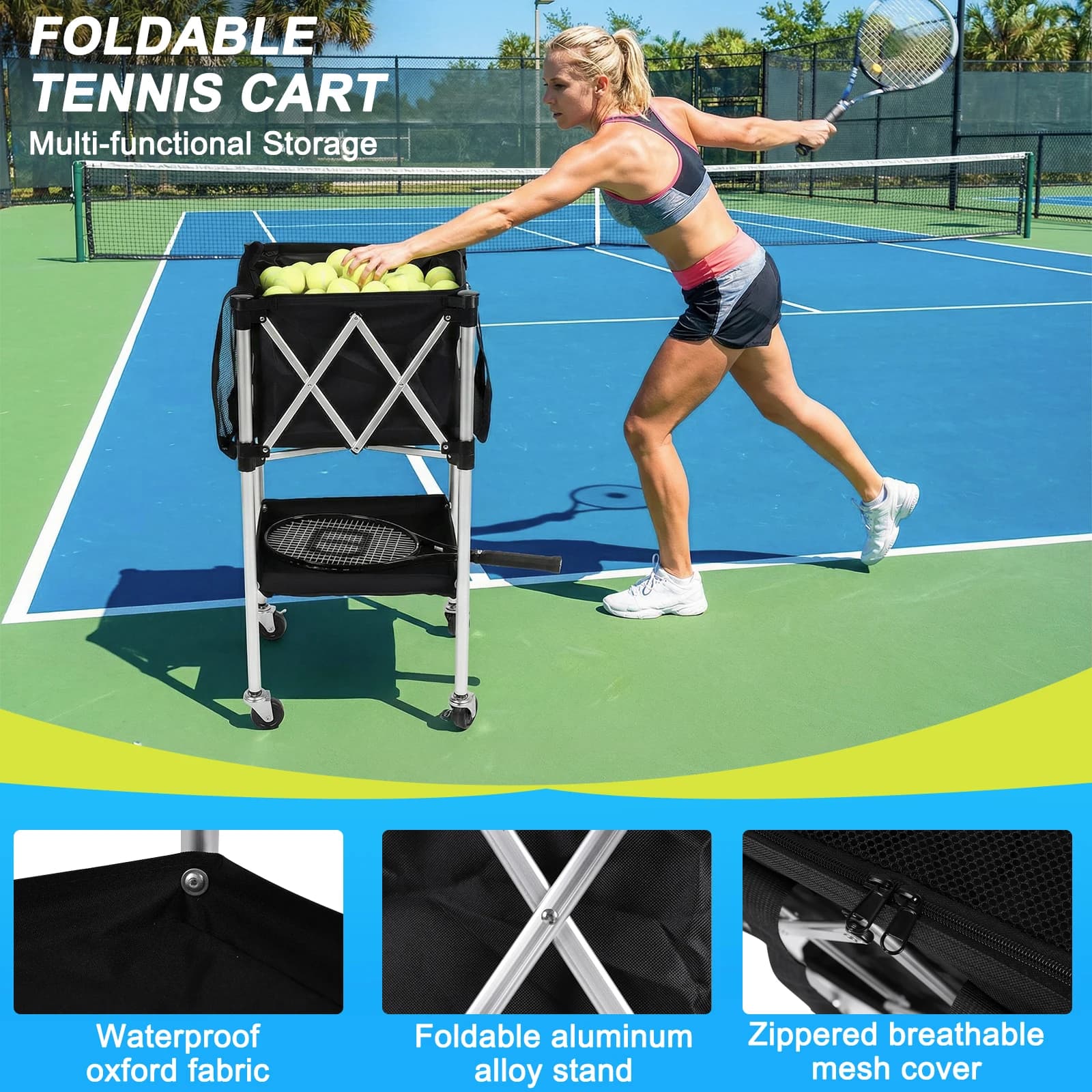 Cesto Portapalle da Tennis Grande Pieghevole con Ruote e Borsa Rimovibile, Carrello per Pickleball per Allenamento/Insegnamento