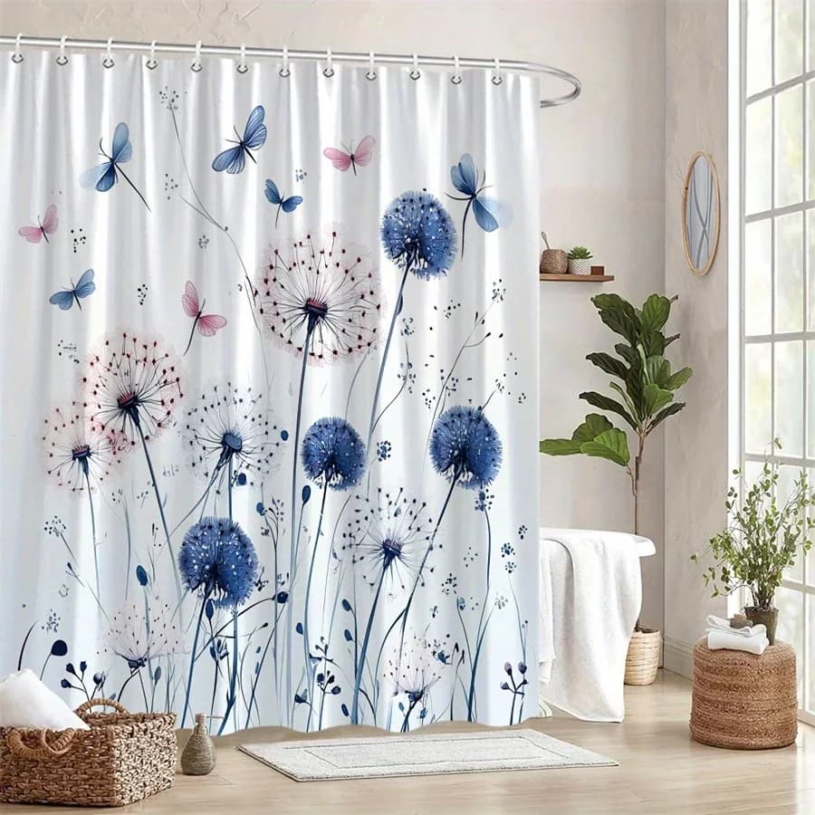 Tenda da doccia floreale acquerello - Denti di leoni blu e rosa con farfalle, sfondo morbido sfumato, poliestere lavabile in lavatrice