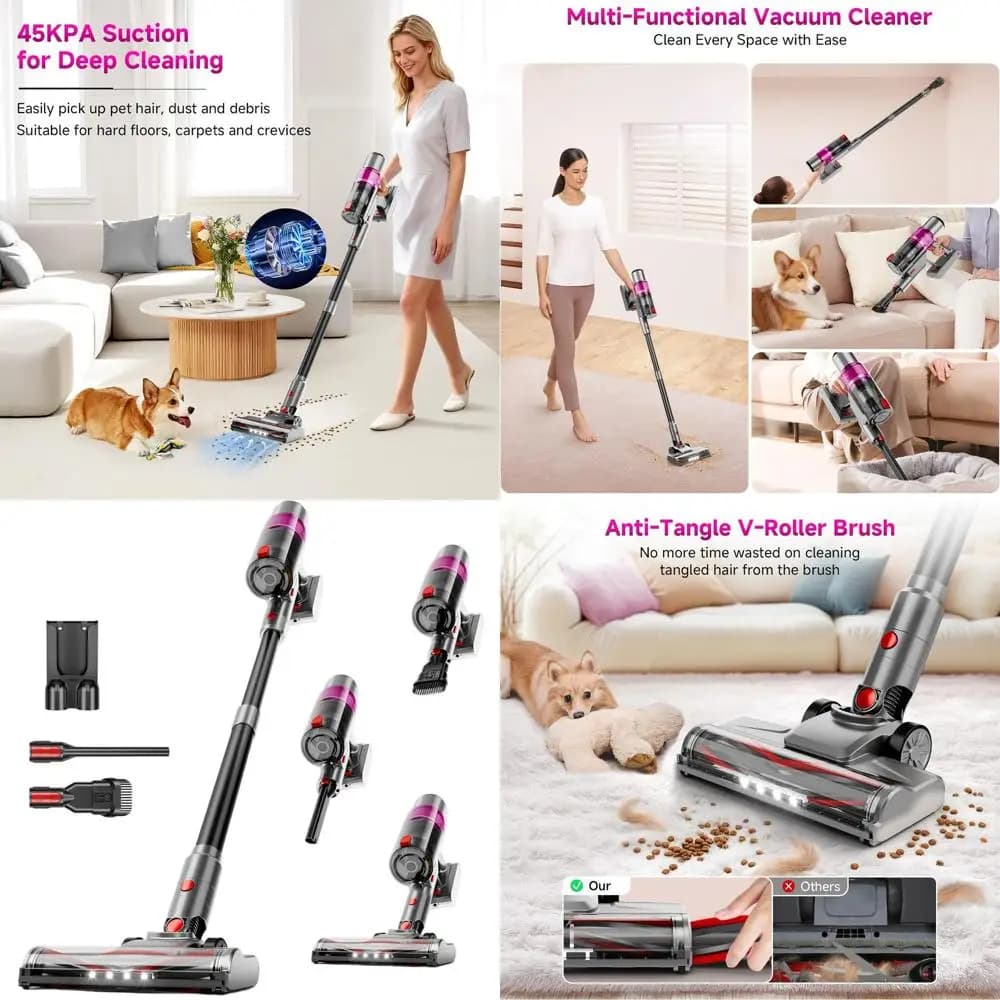 Powerful wireless vacuum cleaner from 550 W 45 KPA, light vacuum cleaner 6 in 1 for the house, pet hairs, carpets and hard floors (violet)