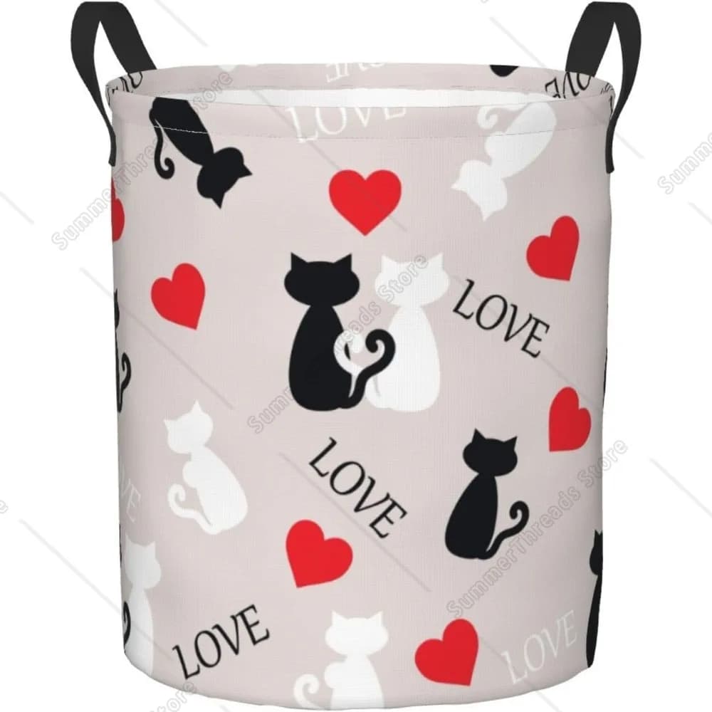 Coppia di gatti sull'amore Cesto per la biancheria rotondo con manico, contenitore pieghevole in tela pieghevole Borsa per vestiti sporchi per lavanderia