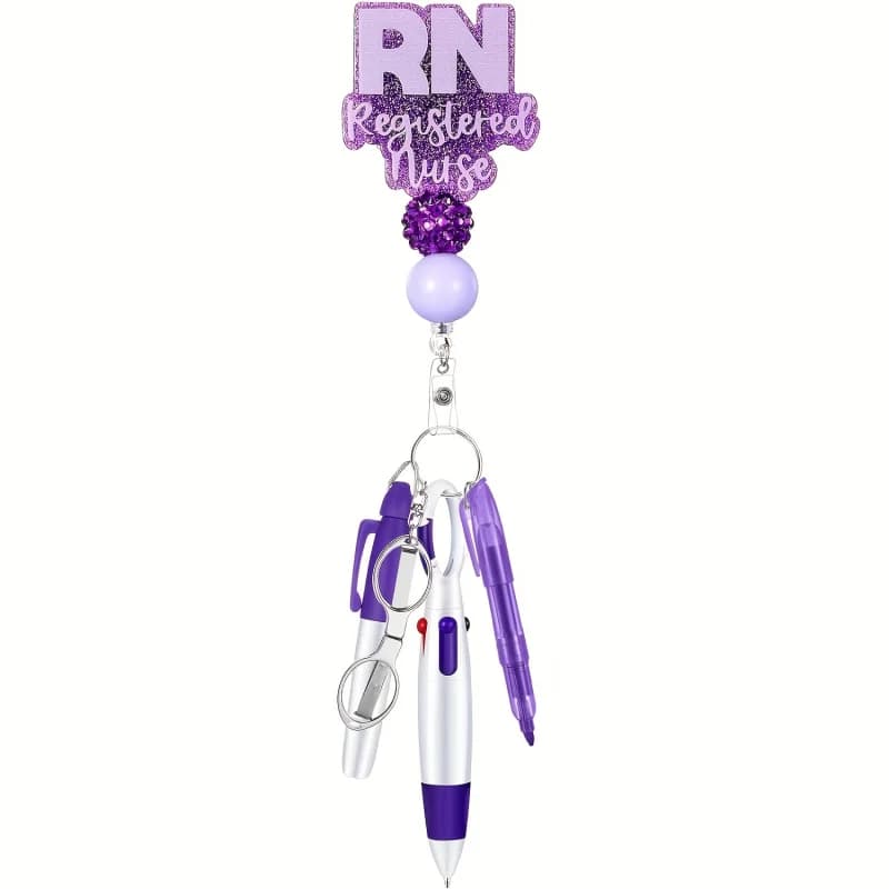 1 set/5 pezzi (1 bobina per badge da infermiera, 1 pennarello permanente, 1 penna a sfera retrattile, 1 penna fluorescente, 1 paio di forbici pieghevoli)